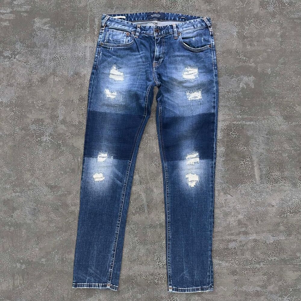 Scotch & Soda Men's 34x32 Distressed Skinny Medium Wash Mid Rise Denim Jeans